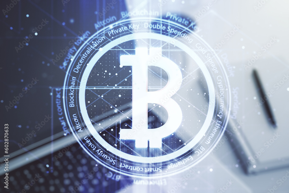 Poster creative bitcoin concept with modern computer background. double exposure