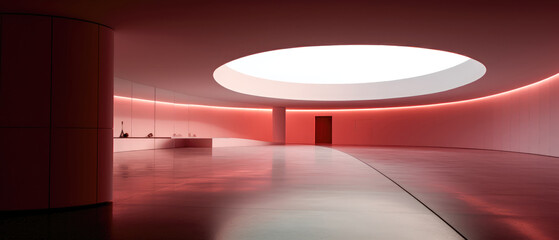 Modern empty room with red lights on the wall and open ceiling