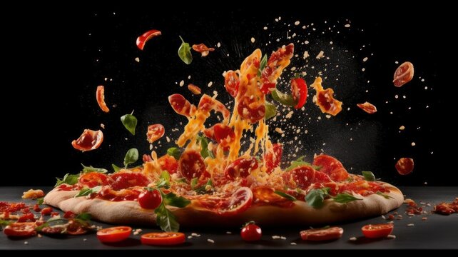 Pizza Margherita with basil tomato and mozzarella exploding in air. Levitating, exploding pizza concept. Banner, advertising, poster. AI image. 