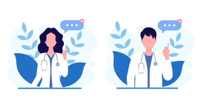 Set of vector illustrations of a woman and a man doctor. Family doctors. Health care concept. Vector illustration in flat cartoon style.