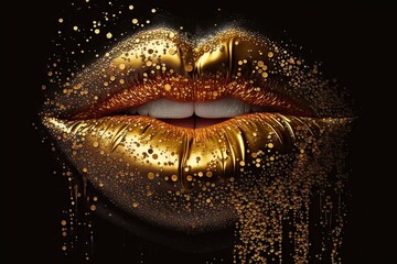 Fototapeta Closeup gilded painting by glossy on woman in sexy lips. Concept in abstract art of luxurious beauty makeup isolated on black background. Glorious generative AI. obraz