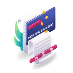 Isometric, cartoon. 3D icon of payment of an invoice by credit card. Debiting money from the account. Vector for website
