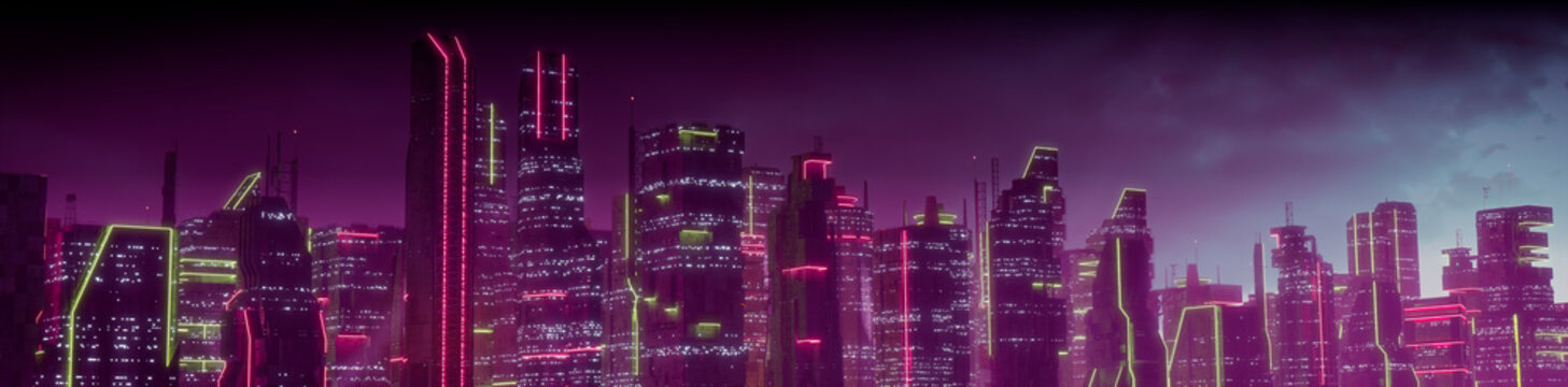 Cyberpunk City Skyline with Pink and Yellow Neon lights. Night scene with Visionary Skyscrapers.