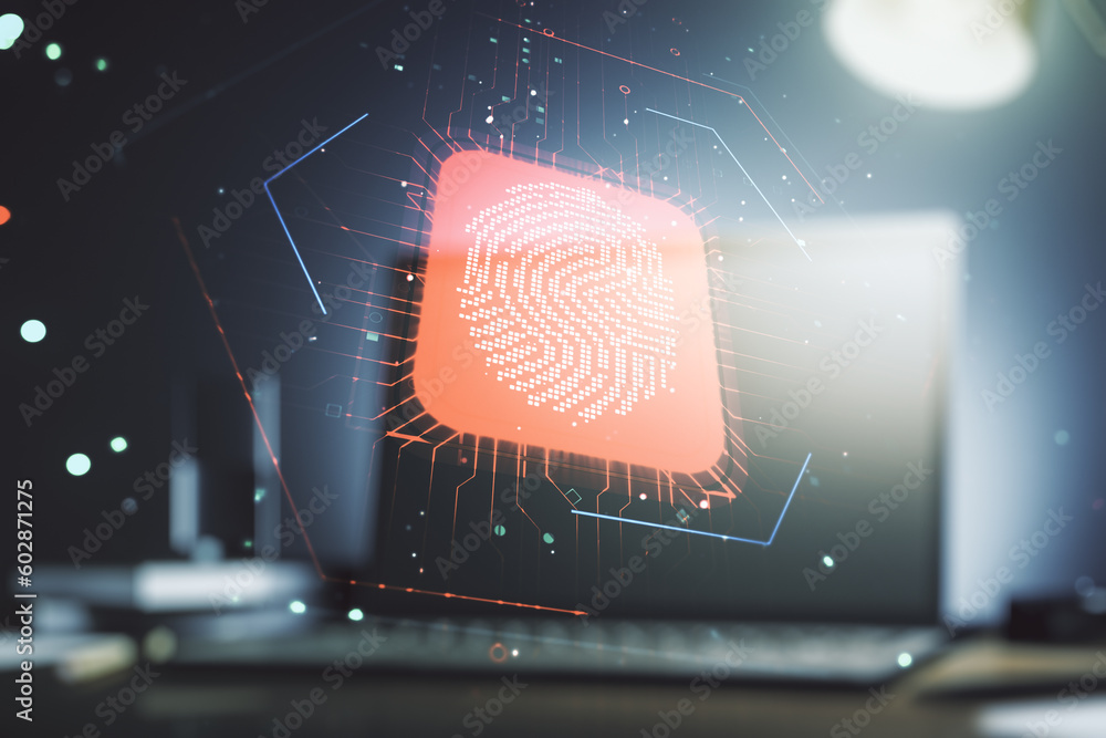 Poster double exposure of abstract creative fingerprint hologram on computer background, protection of pers