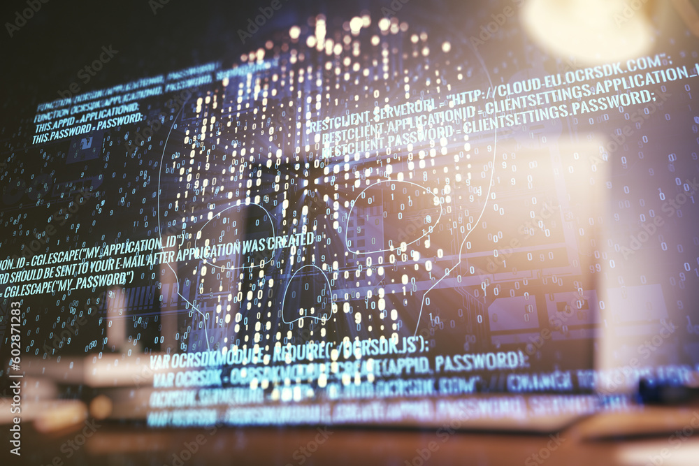 Poster double exposure of creative code skull hologram on laptop background. malware and cyber crime concep