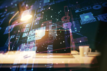 Multi exposure of abstract programming language hologram on computer background, artificial intelligence and neural networks concept