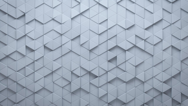 Triangular Tiles arranged to create a Polished wall. 3D, Futuristic Background formed from White blocks. 3D Render