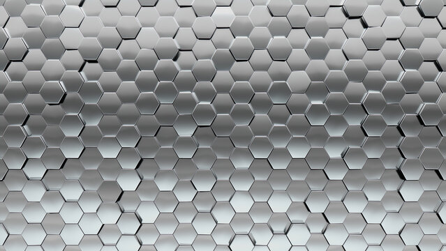 Hexagonal, Silver Tiles arranged to create a Polished, Background formed from 3D, Glossy blocks. 3D Render