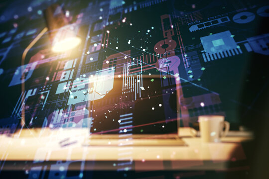 Multi exposure of abstract programming language hologram on computer background, artificial intelligence and neural networks concept