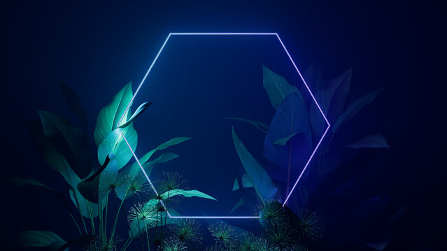 Tropical Plants Illuminated with Purple and Green Fluorescent Light. Rainforest Environment with Hexagon shaped Neon Frame.