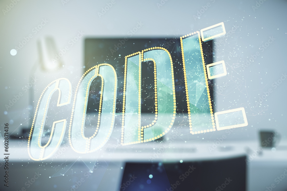 Poster creative code word sign on modern computer background, international software development concept. m