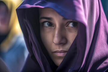 Fototapeta premium Empowered by Tradition: A Strong and Independent Arab Woman in Headscarf, ai generative
