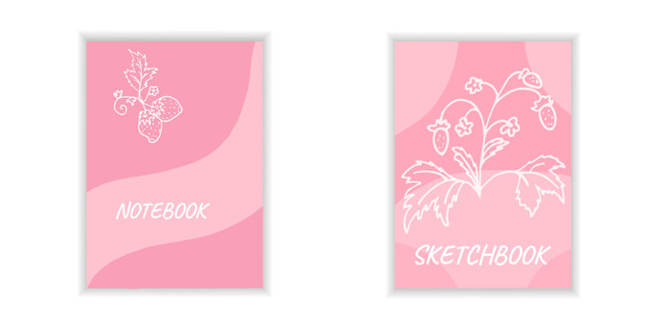 Cover page templates with berries. Pink layouts with strawberries. Doodle style Vector illustration.