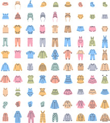 Baby cloth outline colorful icons. Simple linear pictograms with color fill for kids clothing shop. Children wardrobe garments. Outfit for toddler, little boy, girl. Shirt, pants, jacket, dress, coat
