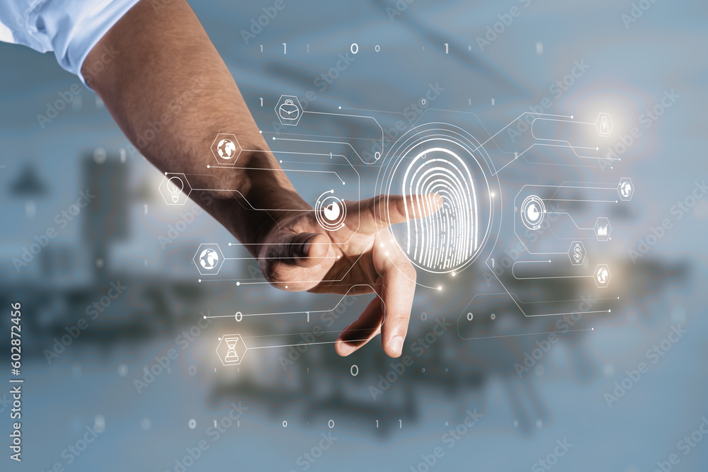 Poster close up of businessman hand pointing at glowing fingerprint hologram and icons on blurry office int