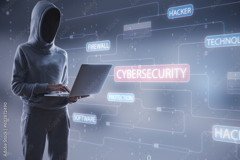 Aufkleber Hacker standing and using notebook with glowing hacking hologram with binary code and lines. Cybersecurity, firewall, technology and software protection concept. Double exposure.