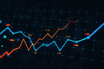 Stock market, analysis and economy growth concept with rising digital red and blue financial chart graphs on dark technological background. 3D rendering