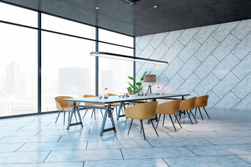 Perspective view on blank grey wall background with place for advertising poster in spacious conference room with city view from panoramic window and stylish furniture. 3D rendering, mockup