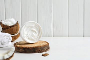 Concept of body and skin care accessories - coconut cosmetic