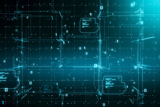 Abstract matrix technology background with scientific technology data of binary code transmission network of connectivity, complexity and data flow concept. 3D rendering
