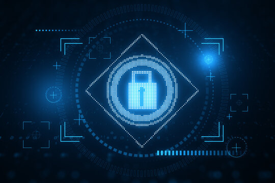 Digital Privacy Is Crucial In Todays World. This Stunning 3D Rendering Depicts A Closed Blue Pixelated Lock On An Abstract Technology Background, Symbolizing Cyber Security And Data Protection Concept