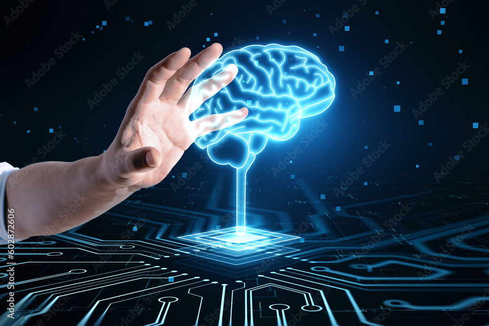 Poster Innovations, creative idea and machine learning concept with man hand touching human brain hologram on digital platform with dark microcircuit background