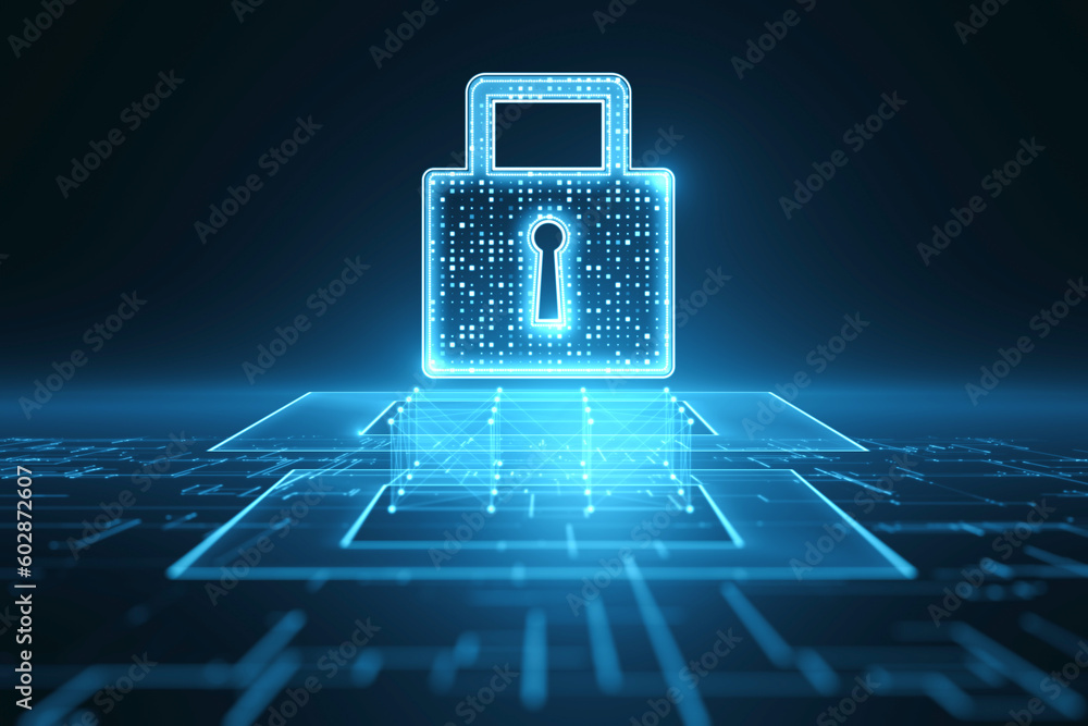Poster User information protection and cyber security concept with digital closed padlock with keyhole inside above virtual multi levels on abstract dark technological background. 3D rendering