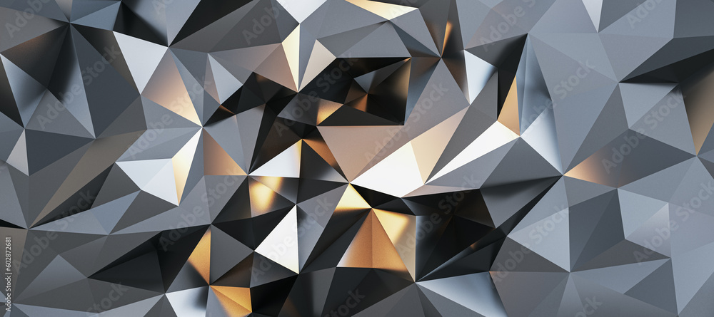 Poster Abstract silver triangles in form of crystal background with light reflection. 3D rendering