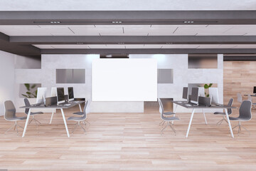 Modern coworking office interior with empty white mock up poster, furniture, equipment and other objects in daylight. 3D Rendering.