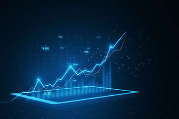 Make informed investment decisions with our advanced trading and investing software.3D rendering of digital glowing stock market graphs and financial diagrams on dark blue technological background - obrazy, fototapety, plakaty
