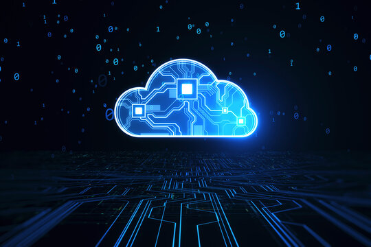 Cloud service and data exchange technology concept with front view on digital blue cloud symbol with circuit and processor inside on dark background with binary coding. 3D rendering