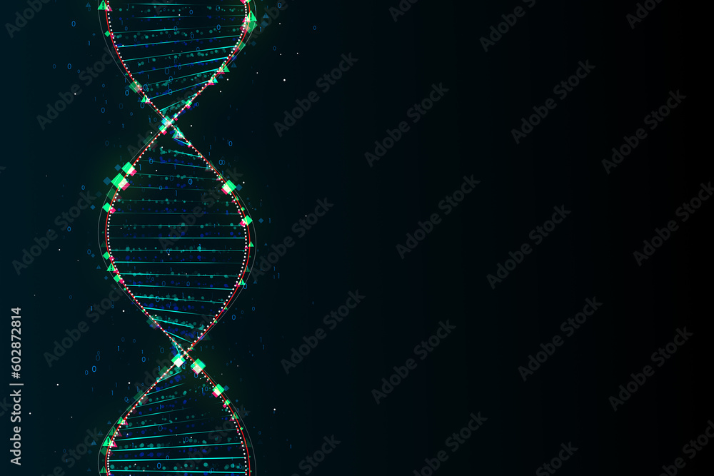 Poster Innovation, science and genetics concept with bright digital DNA molecule made from binary code and pixels on abstract dark background with empty space for your logo. 3D rendering, mockup