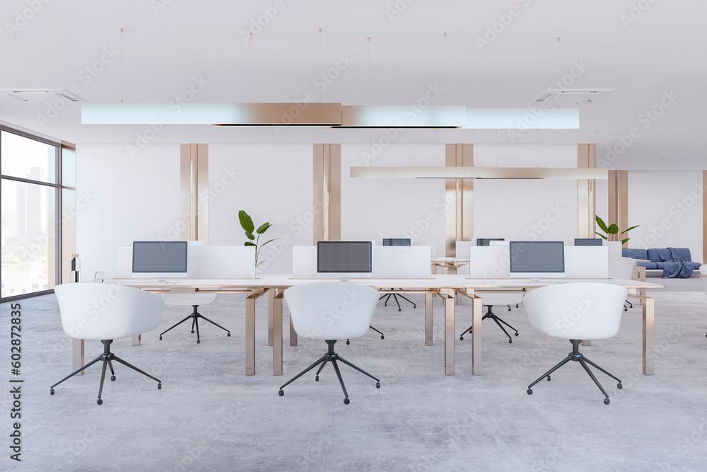 Poster clean office interior with furniture, equipment and other objects in daylight. 3d rendering.