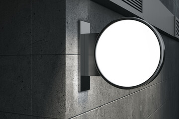 Perspective view on night grey concrete wall background with blank lighting round white signboard with place for your brand name, logo or text, advertising and marketing concept. 3D rendering, mock up