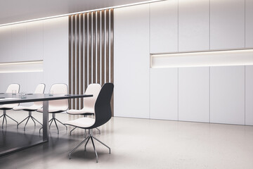 Perspective view on light decorated wall with niche background in modern conference room interior design with monochrome furniture on light glossy floor. 3D rendering