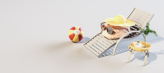 Light blank background with space for advertising poster or picture frame and human brain in sunglasses and hat on a sunbed on light background with coffee cup and ball. 3D rendering, mockup