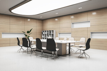 Modern conference room interior design with lighting ceiling, perspective view on huge meeting table with stylish chairs on light glossy floor and wooden wall background with decoration. 3D rendering - obrazy, fototapety, plakaty