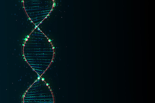 Innovation, science and genetics concept with bright digital DNA molecule made from binary code and pixels on abstract dark background with empty space for your logo. 3D rendering, mockup