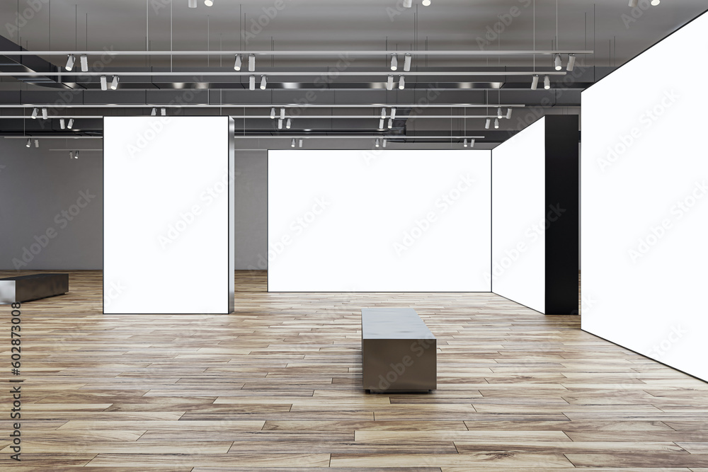 Poster side view on metallic bench in front of white blank partitions with place for advertising poster or 