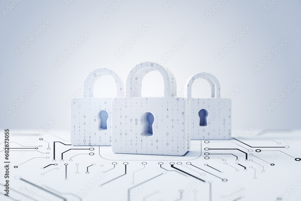 Fototapete Cyber data, privacy and network protection concept with front view on padlocks binary code printed on light surface with microcircuit on abstract white background. 3D rendering