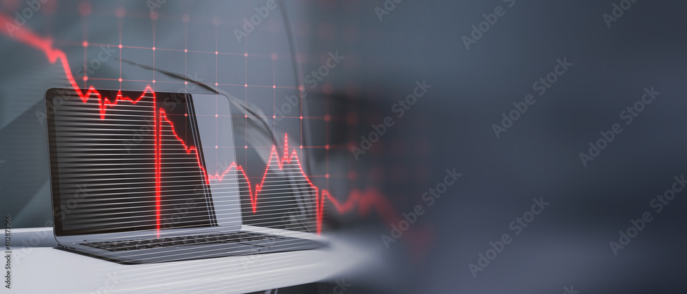 Poster close up of laptop with glowing downward business chart on blurry wide perspective background with m