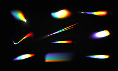 Crystal rainbow light leak flare reflection effect vector illustration set. Colorful optical rainbow lights beams lens flare leak overlay streaks on transparent dark background. - obrazy, fototapety, plakaty