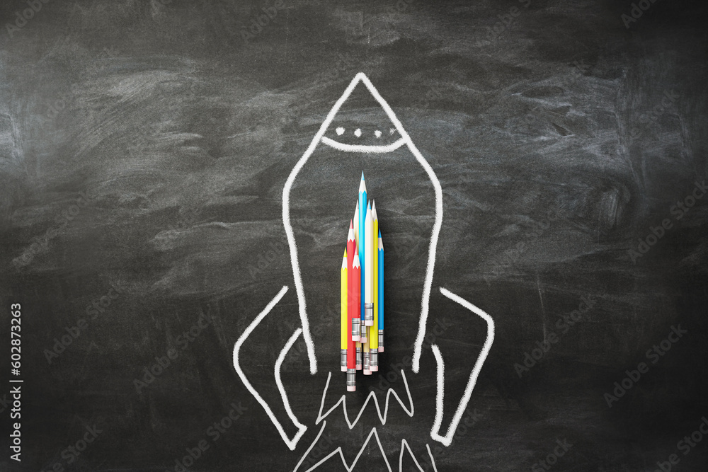 Poster Startup and business idea concept with colorful pencils on the rocket drawn on blackboard background. 3D rendering