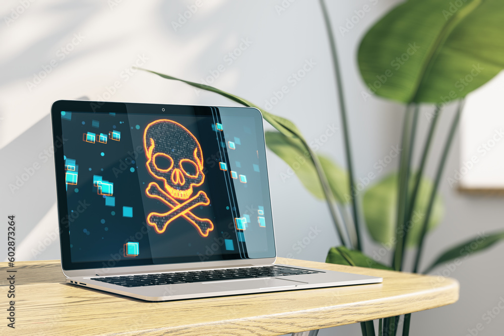 Poster Close up of laptop with digital binary code skull on screen. Concrete wall with shadows, wooden, desk and plant background. Hacking, piracy, malware and data theft concept. 3D Rendering.