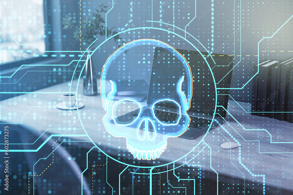 Poster Side view of laptop with glowing digital circuit binary code skull on blurry workplace with objects background. Hacking, piracy, malware and data theft concept. Double exposure.