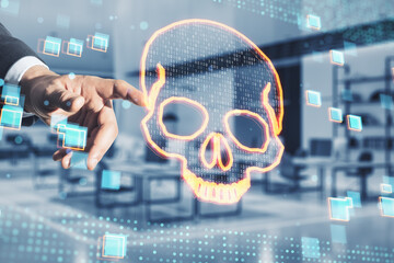 Close up of businessman hand pointing at glowing digital binary code skull hologram on blurry office interior background. Hacking, piracy, malware and data theft concept. Double exposure.