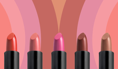 Set of colorful lipsticks on color background, professional makeup and beauty concept