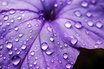 A delicate symphony of raindrops gracefully adorning the velvety petal of a purple blossom, generative ai beautiful art