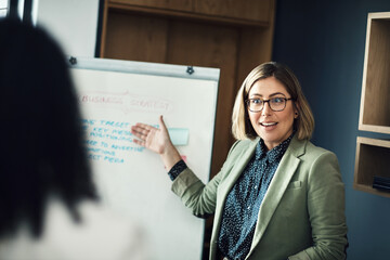 Presentation meeting, whiteboard and woman explain strategy, business plan or brainstorming ideas,...