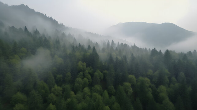 Misty mountain forest digital painting. Ethereal and captivating atmosphere with subtle hues of green and blue. Digital background. Landscape, nature, art.